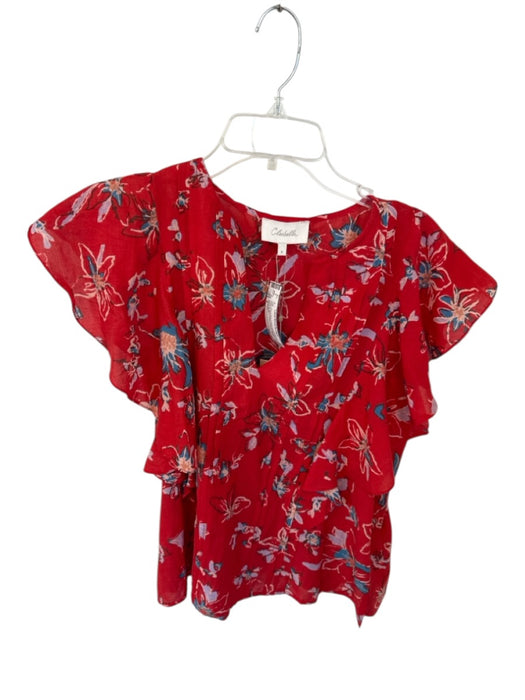 Cleobella Size S Red & Blue Cotton Flutter Sleeves Flowers Pleat Detail Top Red & Blue / S
