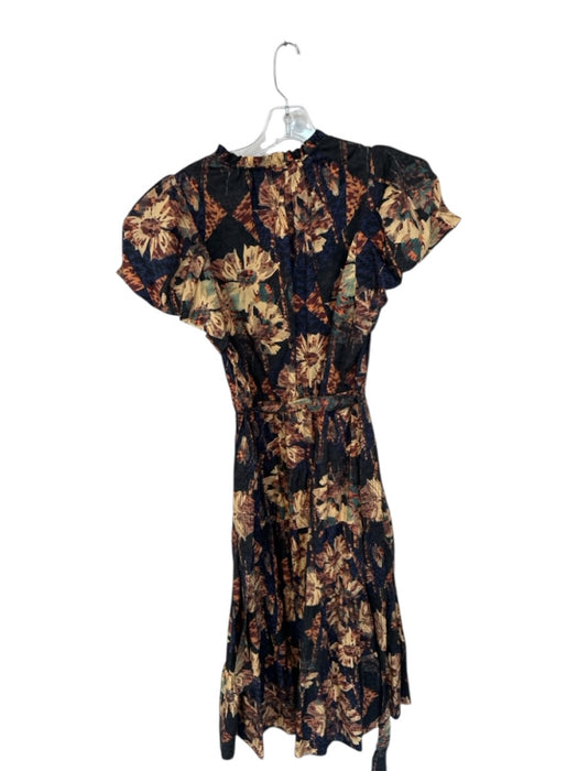 Ulla Johnson Size 8 Black & Tan Cotton Short Balloon Sleeve Flowers Belted Dress Black & Tan / 8