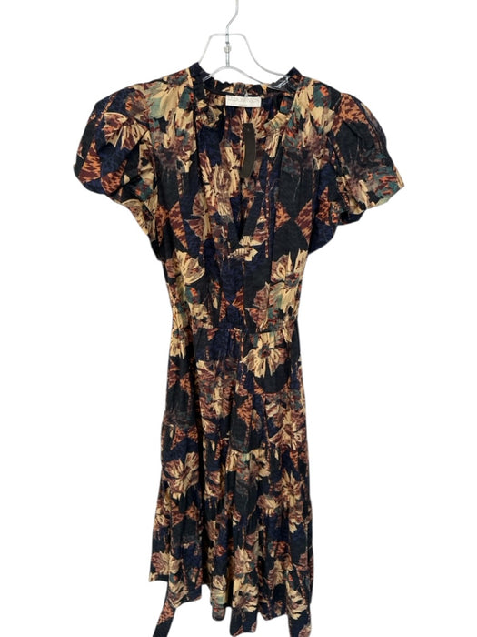 Ulla Johnson Size 8 Black & Tan Cotton Short Balloon Sleeve Flowers Belted Dress Black & Tan / 8
