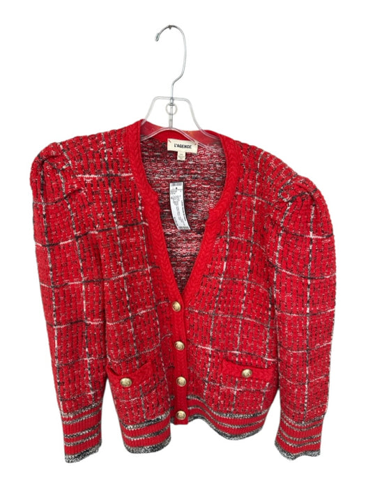 L'agence Size M Red & Black Cotton Blend Shoulder Pads Tweed Button Down Jacket Red & Black / M