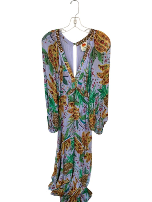 Farm Rio Size M Purple & Green Viscose Long Balloon Sleeve Fruit V Neck Dress Purple & Green / M