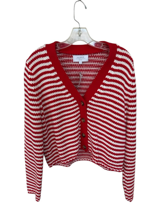 La Ligne Size L Red & White Cotton Long Sleeve Knit Button Down Cardigan Sweater Red & White / L