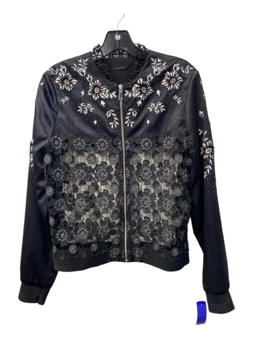 Elie Tahari Size S B&W Silk & Polyester Lace Round Neck Bomber Zip Up Jacket B&W / S