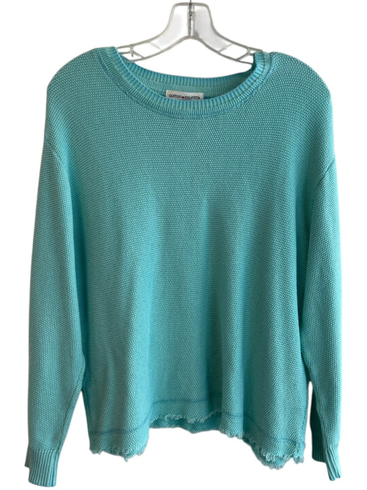 Cotton Country Size S Blue Cotton Long Sleeve Waffle Knit Raw Hem Scoop neck Top Blue / S