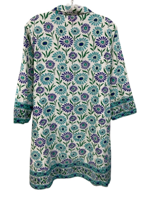 Victoria Dunn Size M White, Blue, Green Cotton Long Sleeve Buttons Floral Dress White, Blue, Green / M