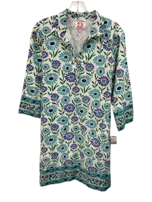Victoria Dunn Size M White, Blue, Green Cotton Long Sleeve Buttons Floral Dress White, Blue, Green / M