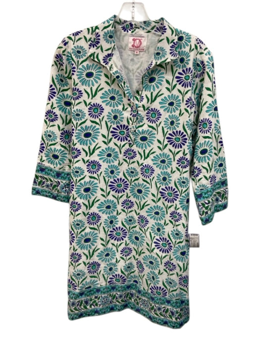 Victoria Dunn Size M White, Blue, Green Cotton Long Sleeve Buttons Floral Dress White, Blue, Green / M
