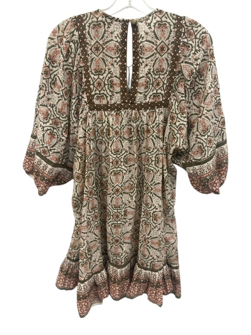Cleobella Size S White, Green, Brown Cotton Short Puff Sleeve Split Neck Dress White, Green, Brown / S