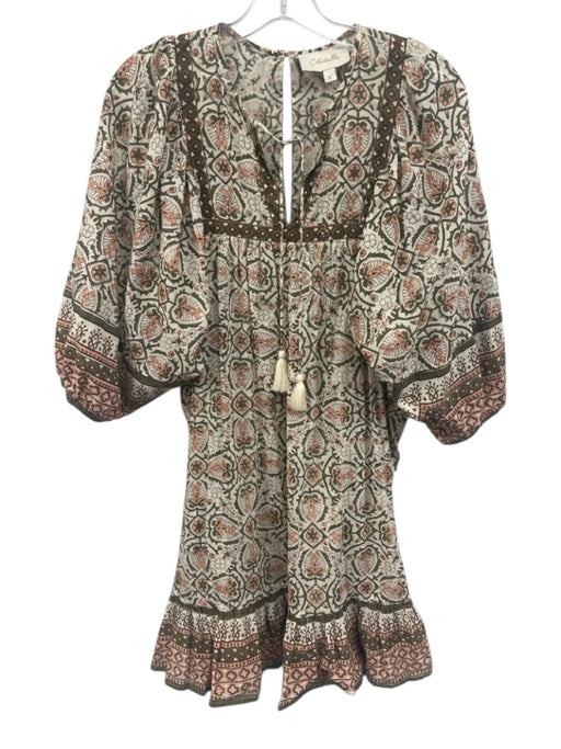 Cleobella Size S White, Green, Brown Cotton Short Puff Sleeve Split Neck Dress White, Green, Brown / S