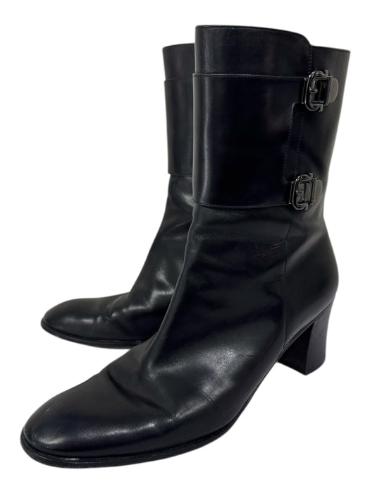 Salvatore Ferragamo Shoe Size 10 Black Leather Almond Toe Side Zip Booties Black / 10