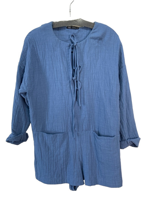 Zara Size XS Blue Cotton Gauze Long Sleeve V Neck Pockets Romper Blue / XS