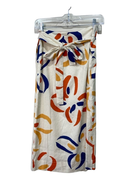 Rebecca Taylor Size XS White Blue Orange Linen Blend Wrap Abstract Midi Skirt White Blue Orange / XS