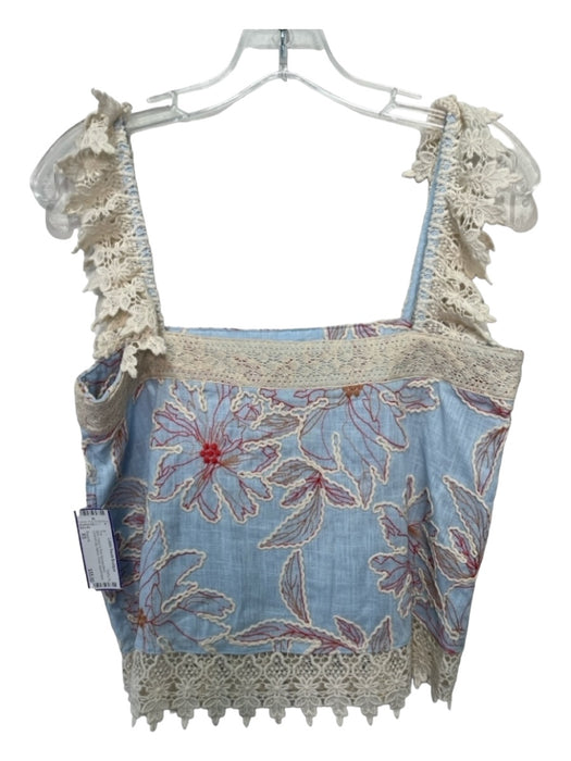 Especia Size XS Blue, Cream & Red Viscose Blend Crochet Cap Sleeve Floral Top Blue, Cream & Red / XS