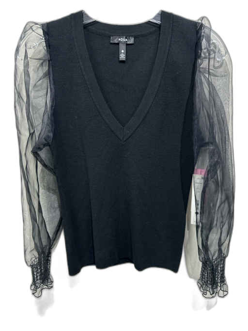 Aqua Size S Black Viscose Blend Organza V Neck Sheer Puff Sleeve Top Black / S