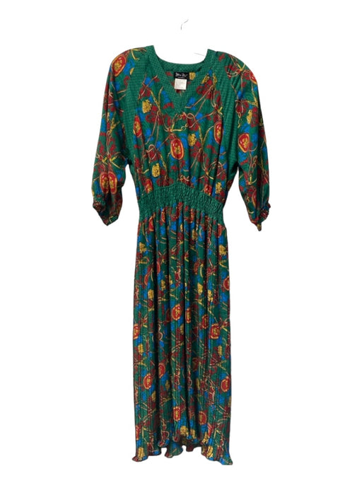 Diane Tres Size Est M Green & Multi Polyester Shoulder Pads V Neck Belted Dress Green & Multi / Est M