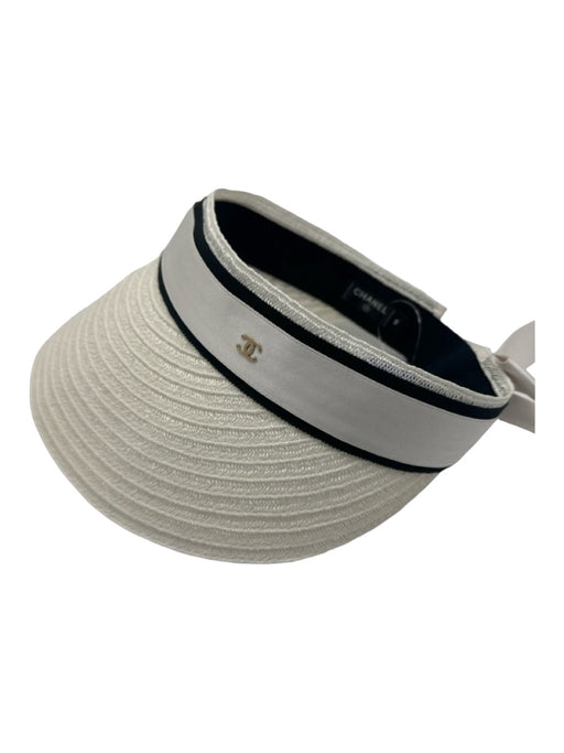 Chanel White Raffia Ribbon Logo Bow Visor Hat White / M