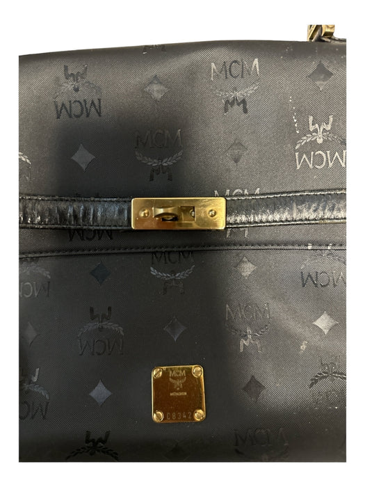 MCM Black & Gold Coated Canvas Top Handle Turn Lock Logo Bag Black & Gold / M
