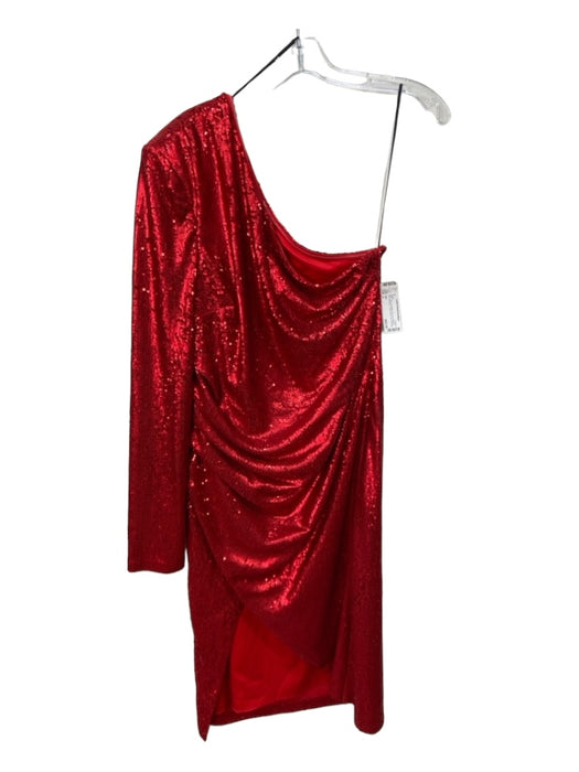 NBD Size L Red Polyester All Over Sequins One Shoulder Long Sleeve slit Dress Red / L