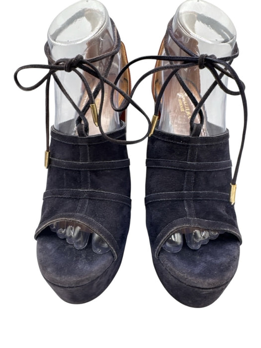 Aquazzura Shoe Size 38.5 Black & Brown Leather Peep Toe Block Heel Sandals Black & Brown / 38.5