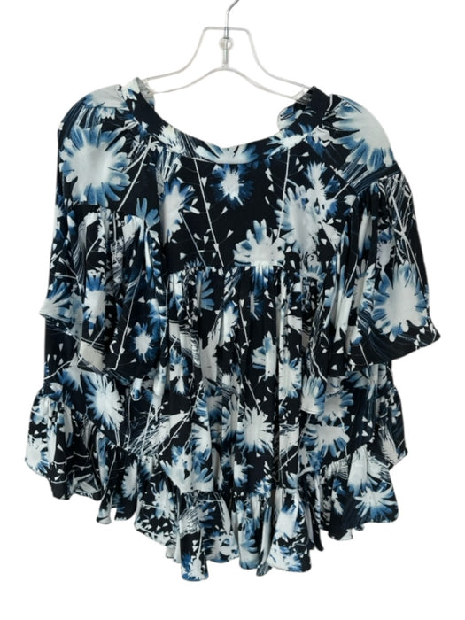 Alexander McQueen Size 40 Navy & Black Silk Short Sleeve Flower Buttons Top Navy & Black / 40