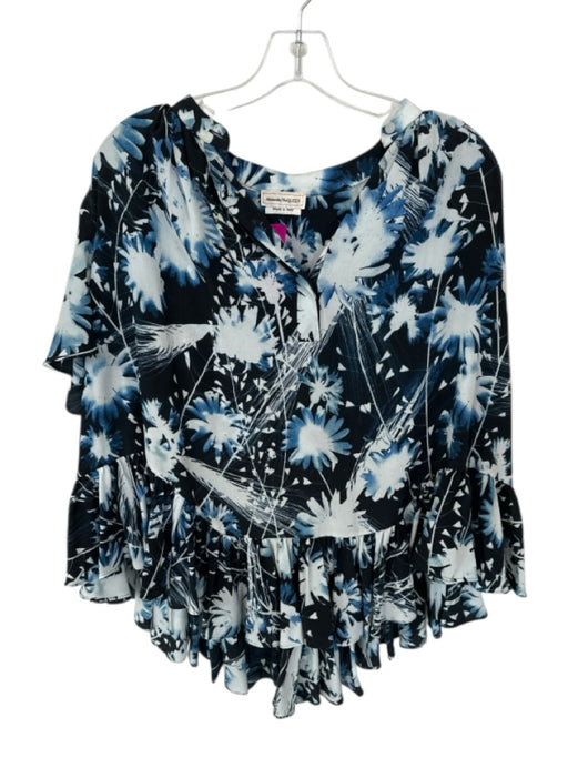 Alexander McQueen Size 40 Navy & Black Silk Short Sleeve Flower Buttons Top Navy & Black / 40