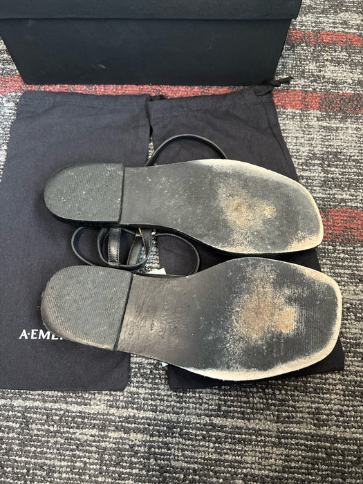 A Emery Shoe Size 39 Black Leather Ankle Strap Open Toe Sandal Flats Shoes