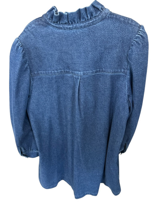 Clare V Size L Dark Wash Cotton Long Balloon Sleeve Ruffle Collar Denim Dress Dark Wash / L