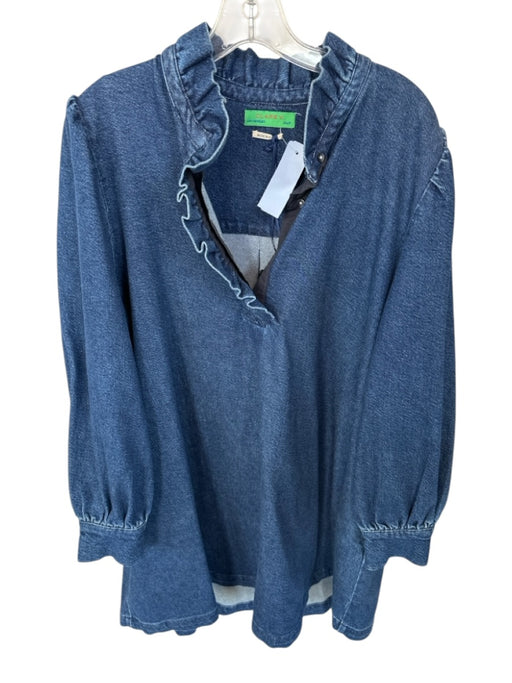 Clare V Size L Dark Wash Cotton Long Balloon Sleeve Ruffle Collar Denim Dress Dark Wash / L