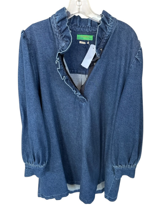 Clare V Size L Dark Wash Cotton Long Balloon Sleeve Ruffle Collar Denim Dress Dark Wash / L