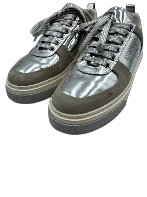 Salvatore Ferragamo Shoe Size 8 Silver Leather Metallic Laces Low Top Sneakers Silver / 8