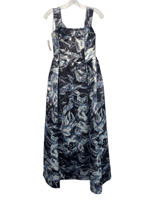 Parker Black Size 4 Black, Blue & White Polyester Abstract Botanical Print Gown Black, Blue & White / 4