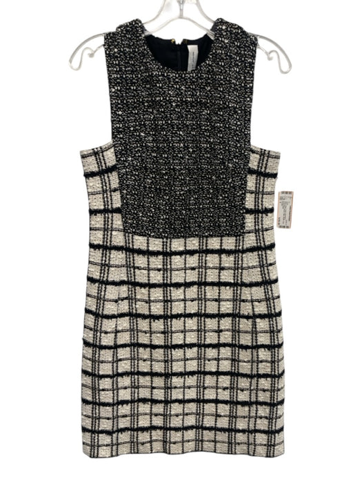 St John Size 6 Black, Beige, White Wool Blend Sleeveless Boucle Plaid Dress Black, Beige, White / 6