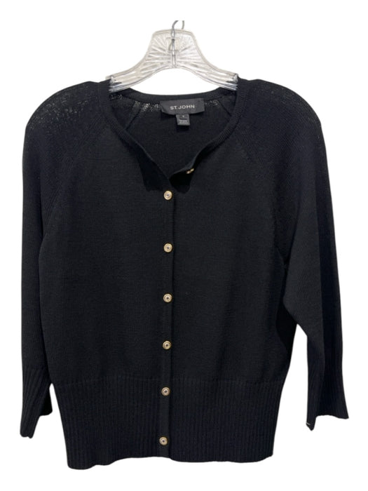 St John Size S Black Wool & Rayon Button Up Ribbed Trim Gold button Cardigan Black / S