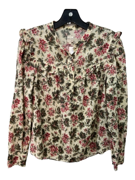 La Vie Rebecca Taylor Size S Cream, Green, Pink Cotton Ruffle Edge Floral Top Cream, Green, Pink / S