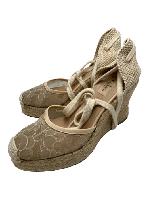 Valentino Shoe Size 38 Beige Raffia Almond Toe Lace Tie Ankle Woven Base Wedges Beige / 38