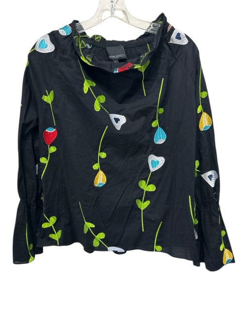 Cynthia Rowley Size S Black & Multi Cotton Embroidered Floral Ruffle Neck Top Black & Multi / S