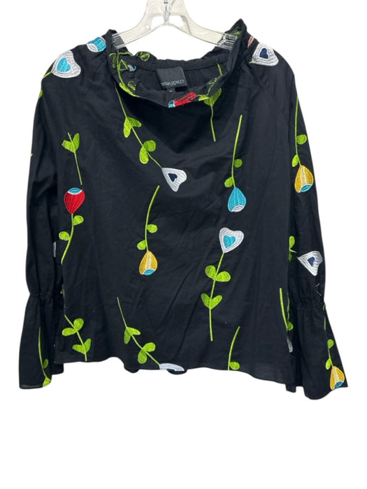Cynthia Rowley Size S Black & Multi Cotton Embroidered Floral Ruffle Neck Top Black & Multi / S