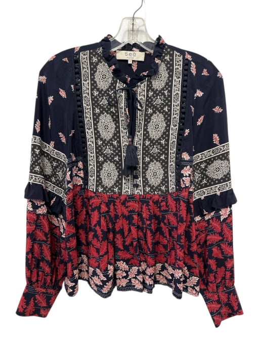 Sea New York Size 2 Black, Red, Multi Silk Long Sleeve All Over Print Eyelet Top Black, Red, Multi / 2
