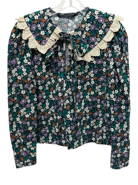 Zara Size XS Black & Multi Cotton Long Sleeve Floral Wide Collar Lace Detail Top Black & Multi / XS