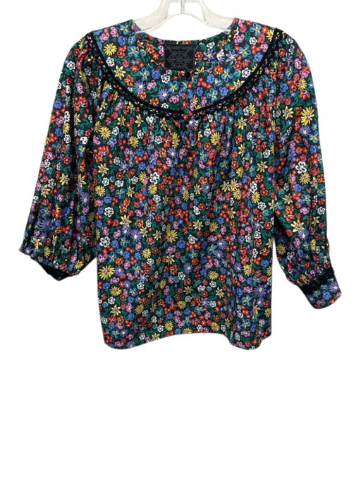 Johnny Was Jade Black & Multi Cotton Long Sleeve Floral Split Neck Top Black & Multi