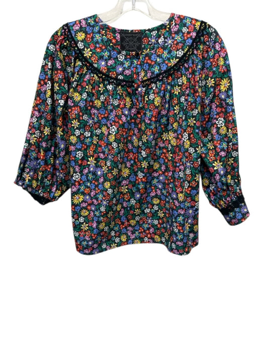 Johnny Was Jade Black & Multi Cotton Long Sleeve Floral Split Neck Top Black & Multi