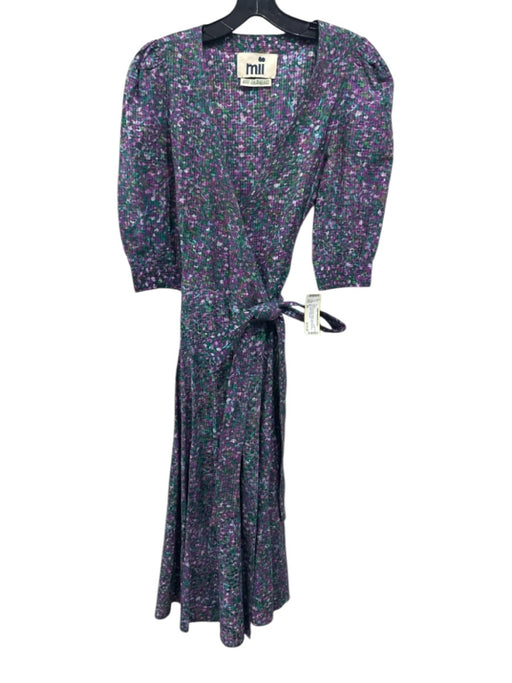 Mii Size XS Green & Purple Cotton Long Sleeve dots Seersucker Wrap Dress Green & Purple / XS