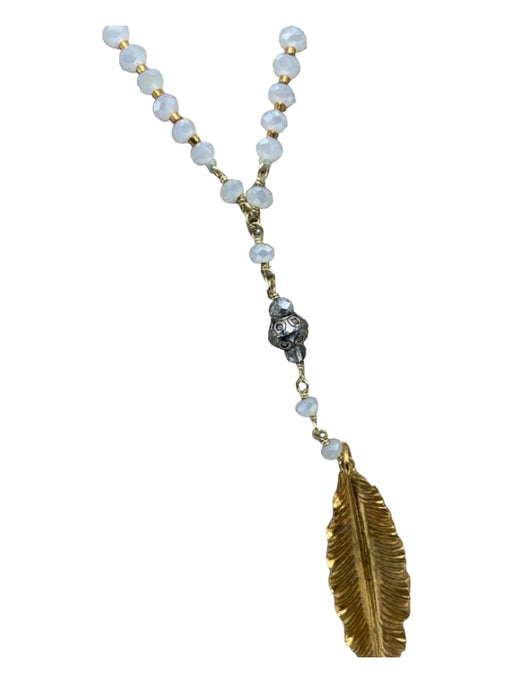 Chan Luu White & Gold Stone & Metal Dainty Chain Leaf Pendant Hook Necklace White & Gold