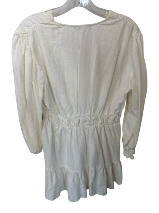 Zara Size L Cream Linen Long Balloon Sleeve V Neck Elastic Waist Dress Cream / L