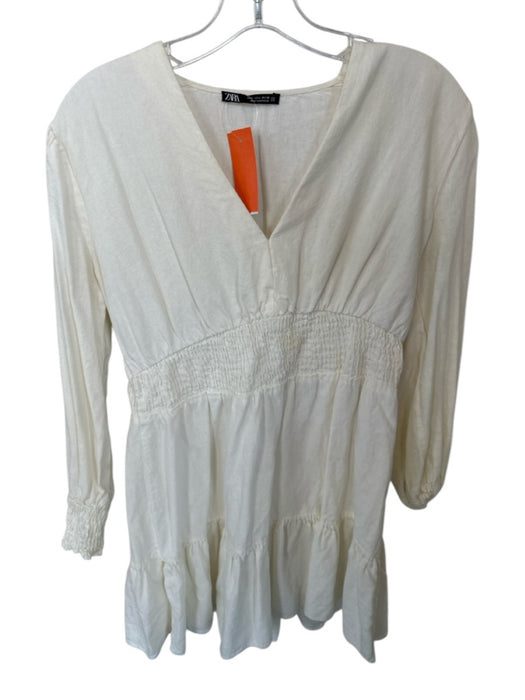 Zara Size L Cream Linen Long Balloon Sleeve V Neck Elastic Waist Dress Cream / L