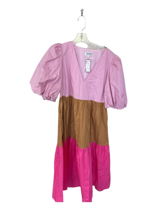 Crosby Size M Pink & Brown Cotton Short Balloon Sleeve color block Maxi Dress Pink & Brown / M