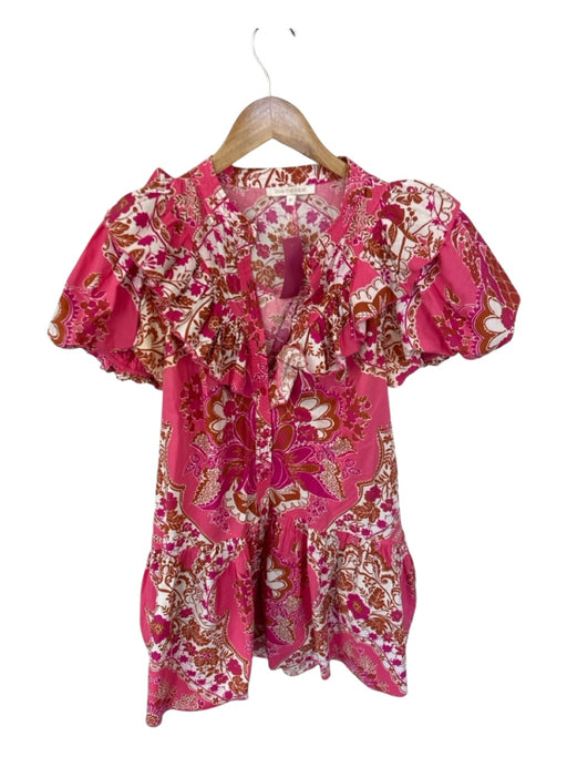 Love The Label Size M Pink & Brown Cotton Short Balloon Sleeve Floral Dress Pink & Brown / M