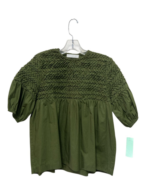 Merlette Size Small Olive Green Cotton Half Puff Sleeve smocked Gathered Top Olive Green / Small