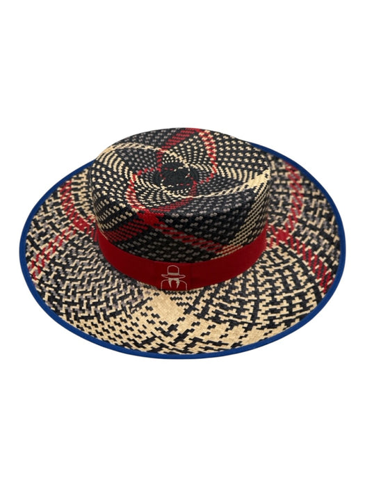 Blue, Red, & Black Straw Ribbon trim Abstract Print Sun Hat Blue, Red, & Black / S