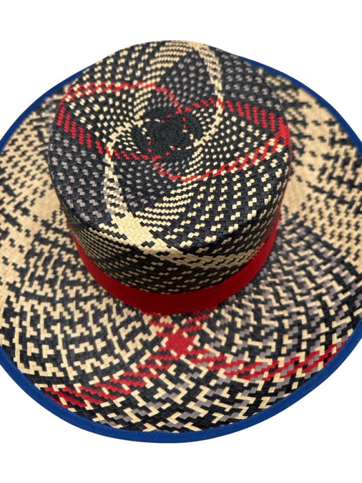 Blue, Red, & Black Straw Ribbon trim Abstract Print Sun Hat Blue, Red, & Black / S